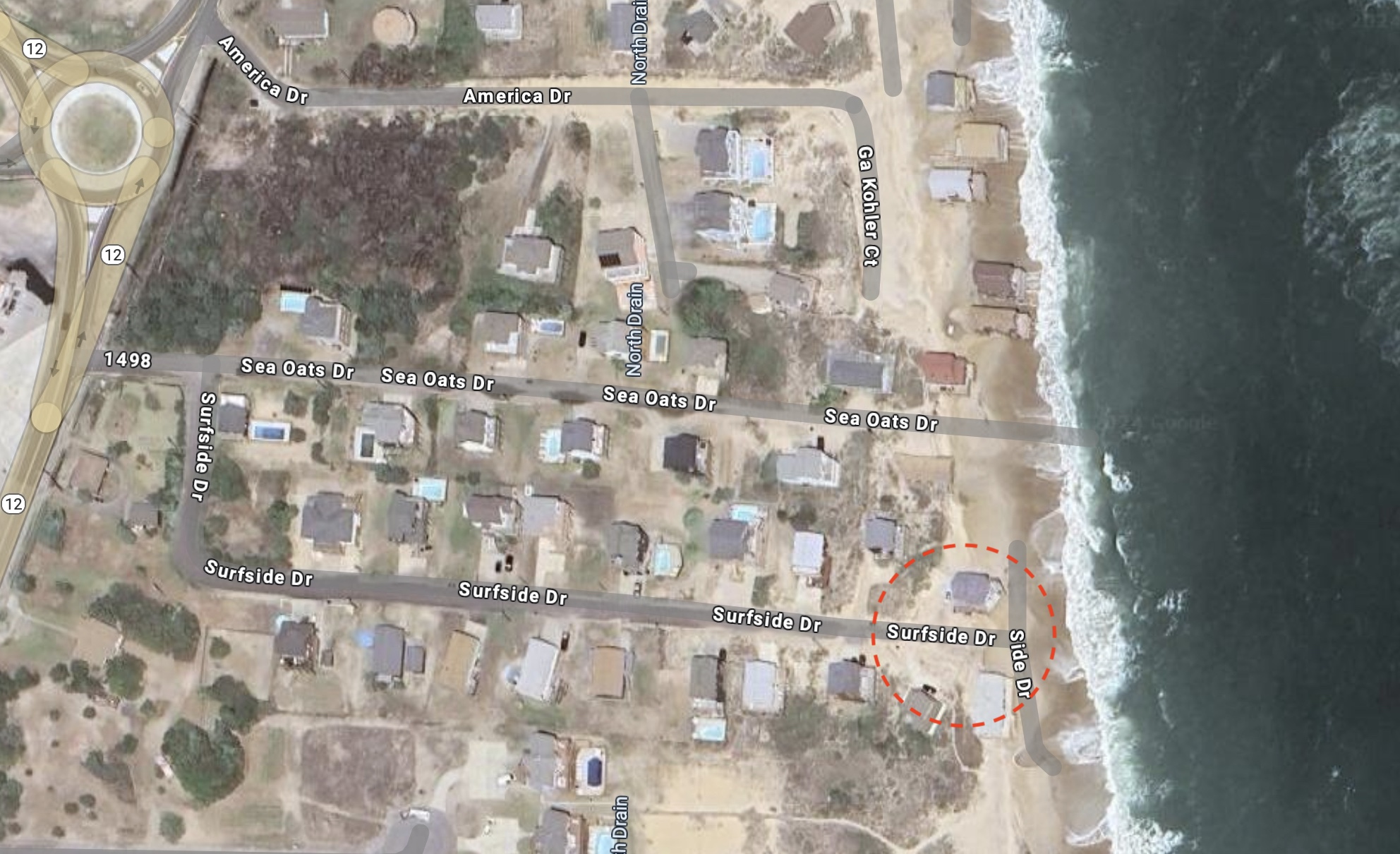 Rodanthe Beach, North Carolina: latest collapsed house was at the end of Surfside Drive (Google Earth imagery by Airbus, Maxar Technologies 2024).